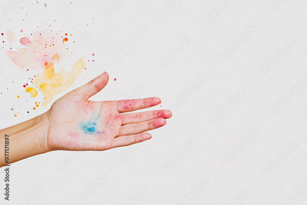 Close up of hand smudged with watercolor paint, showcasing vibrant colors and artistic expression. hand is extended, surrounded by colorful splashes, evoking creativity and inspiration Close up of hand smudged with watercolor paint, showcasing vibrant colors and artistic expression. hand is extended, surrounded by colorful splashes, evoking creativity and inspiration