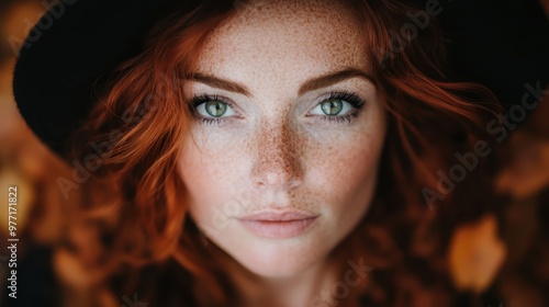 A captivating portrait of a red-haired woman wearing a hat amidst an autumn background, symbolizing warmth, beauty, and the natural transition of seasons.