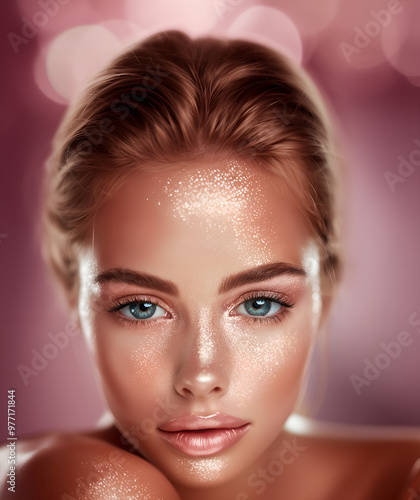 portrait of a blond woman model touching; shining tanned perfect glossy skin; studio photo; idolated on white background photo