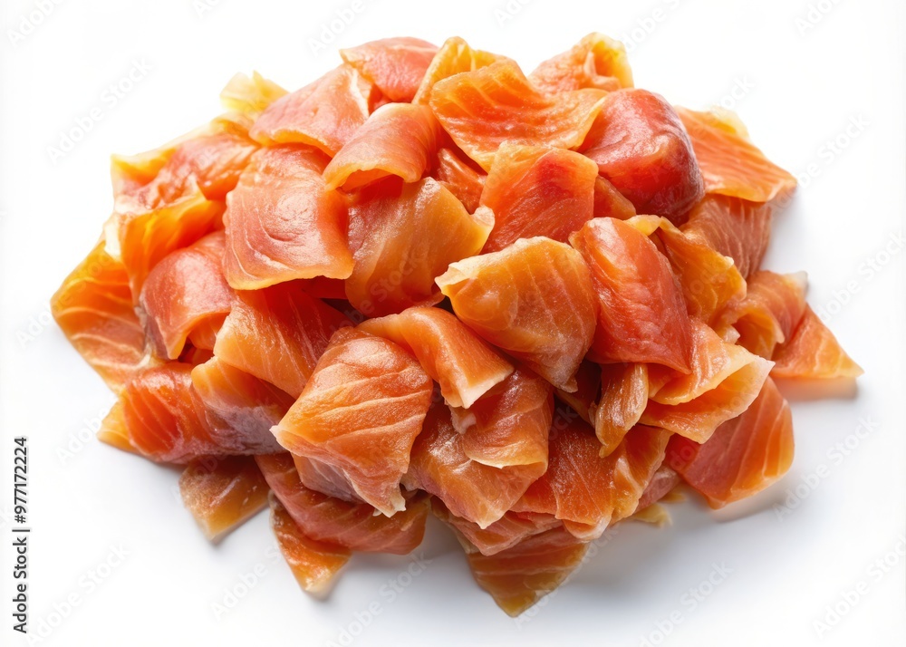 • Flakes of smoked salmon piled high on a crisp white background, shot from directly above to emphasize texture and color • Flakes of smoked salmon piled high on a crisp white background, shot from directly above to emphasize texture and color