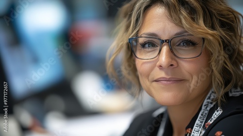 A cheerful woman wearing glasses smiles confidently in an office setting, showcasing friendliness, professionalism, and approachability at work.