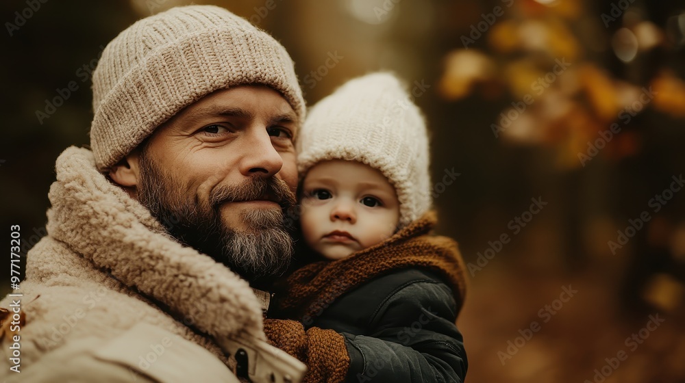 Obraz premium A serene outdoor scene capturing a father's embrace of his baby wrapped in cozy winter attire, highlighting themes of connection and fatherly warmth.