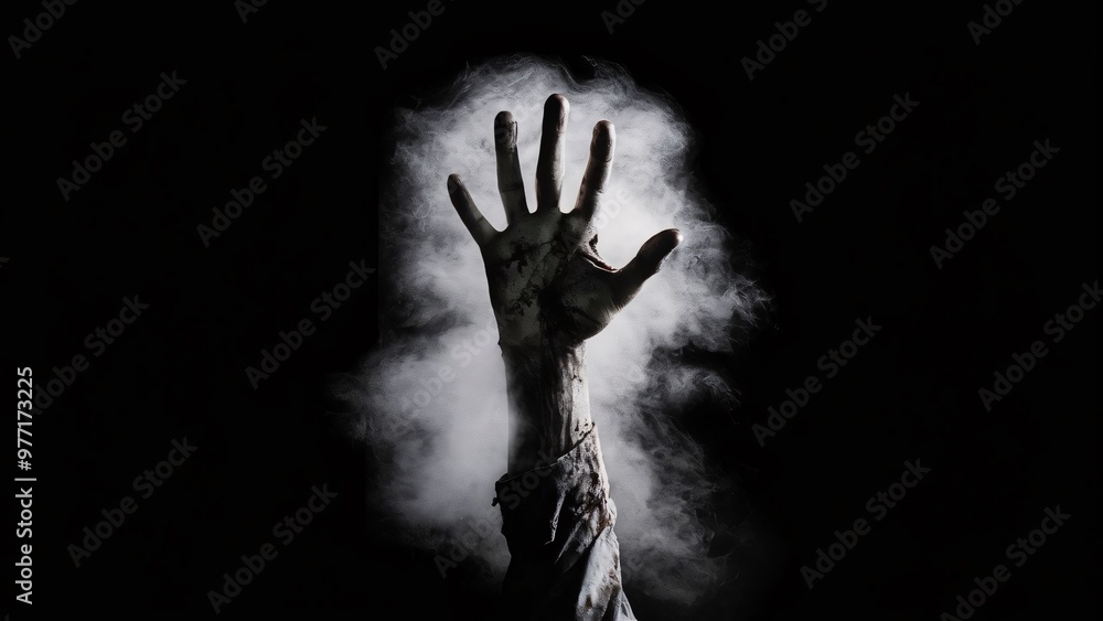 Spooky hand reaching upward, surrounded by mist or smoke against a dark background. Spooky hand reaching upward, surrounded by mist or smoke against a dark background.