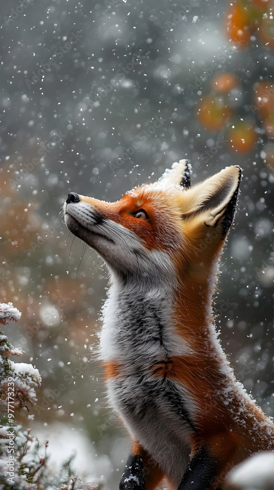 A red fox stands in the snowy woods, gazing upwards as snowflakes fall around it. A red fox stands in the snowy woods, gazing upwards as snowflakes fall around it.