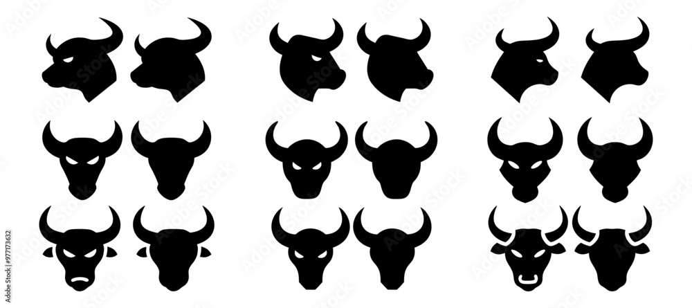 bull head silhouette icons set black, vector logo vector silhouette, flat logo design isolated on white background bull head silhouette icons set black, vector logo vector silhouette, flat logo design isolated on white background
