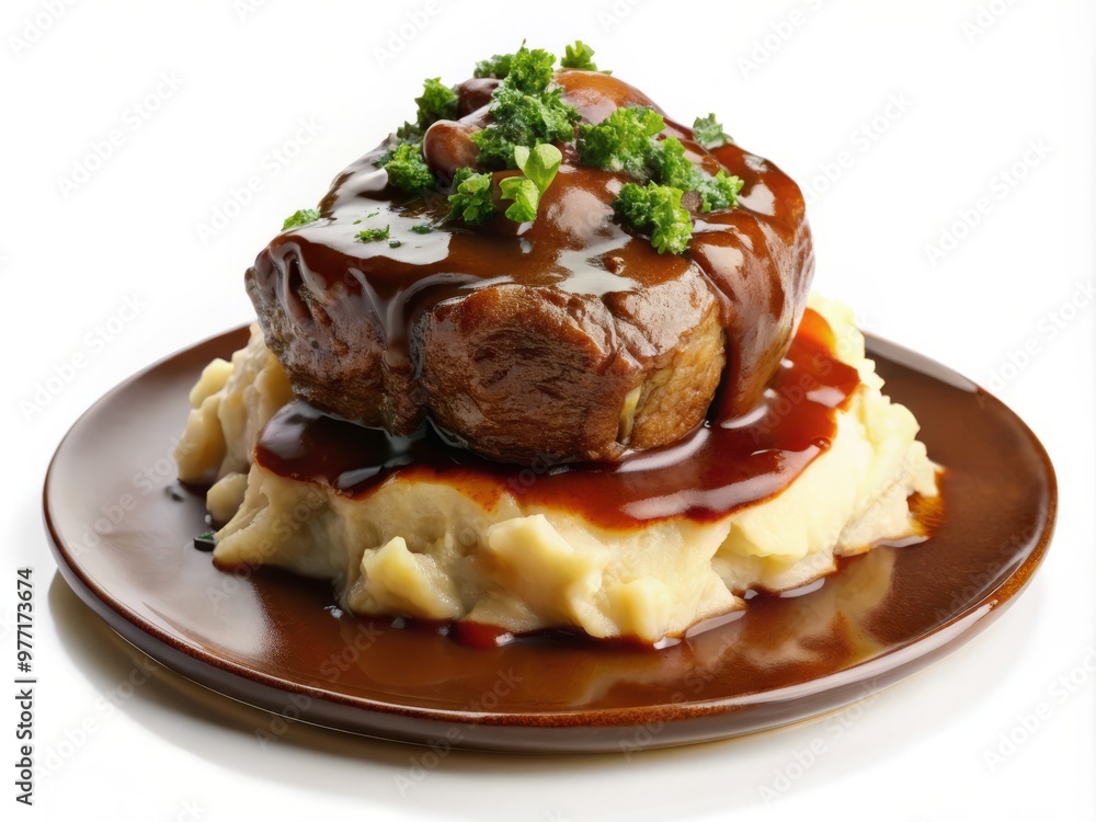 A generous portion of Pannbiff steak served atop a fluffy mound of mashed potatoes, smothered in a rich brown gravy, set against a bright white background. A generous portion of Pannbiff steak served atop a fluffy mound of mashed potatoes, smothered in a rich brown gravy, set against a bright white background.