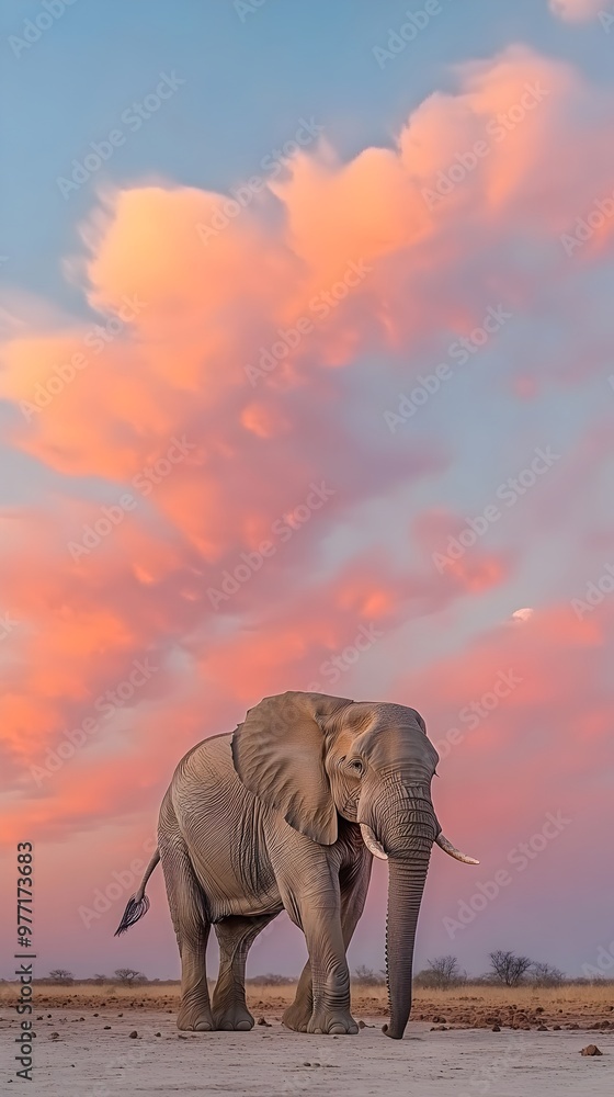 Obraz premium An elephant walks across the savanna, a pink sunset sky behind it.