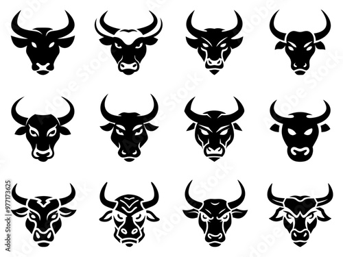 bull head silhouette icons set black, vector logo vector silhouette, flat logo design isolated on white background