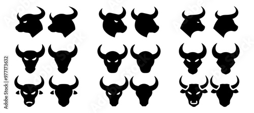 bull head silhouette icons set black, vector logo vector silhouette, flat logo design isolated on white background