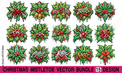 Christmas Mistletoe T-shirt Design, Beautifully detailed mistletoe illustration with green leaves and white berries. Ideal for holiday-themed apparel and seasonal t-shirt prints in premium vector qual photo