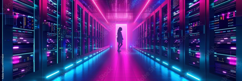 Woman in Tech Silhouette Walking Through Neon-Lit Server Room with Modern Data Storage Woman in Tech Silhouette Walking Through Neon-Lit Server Room with Modern Data Storage
