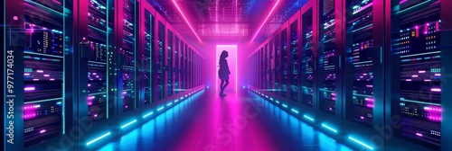 Woman in Tech Silhouette Walking Through Neon-Lit Server Room with Modern Data Storage