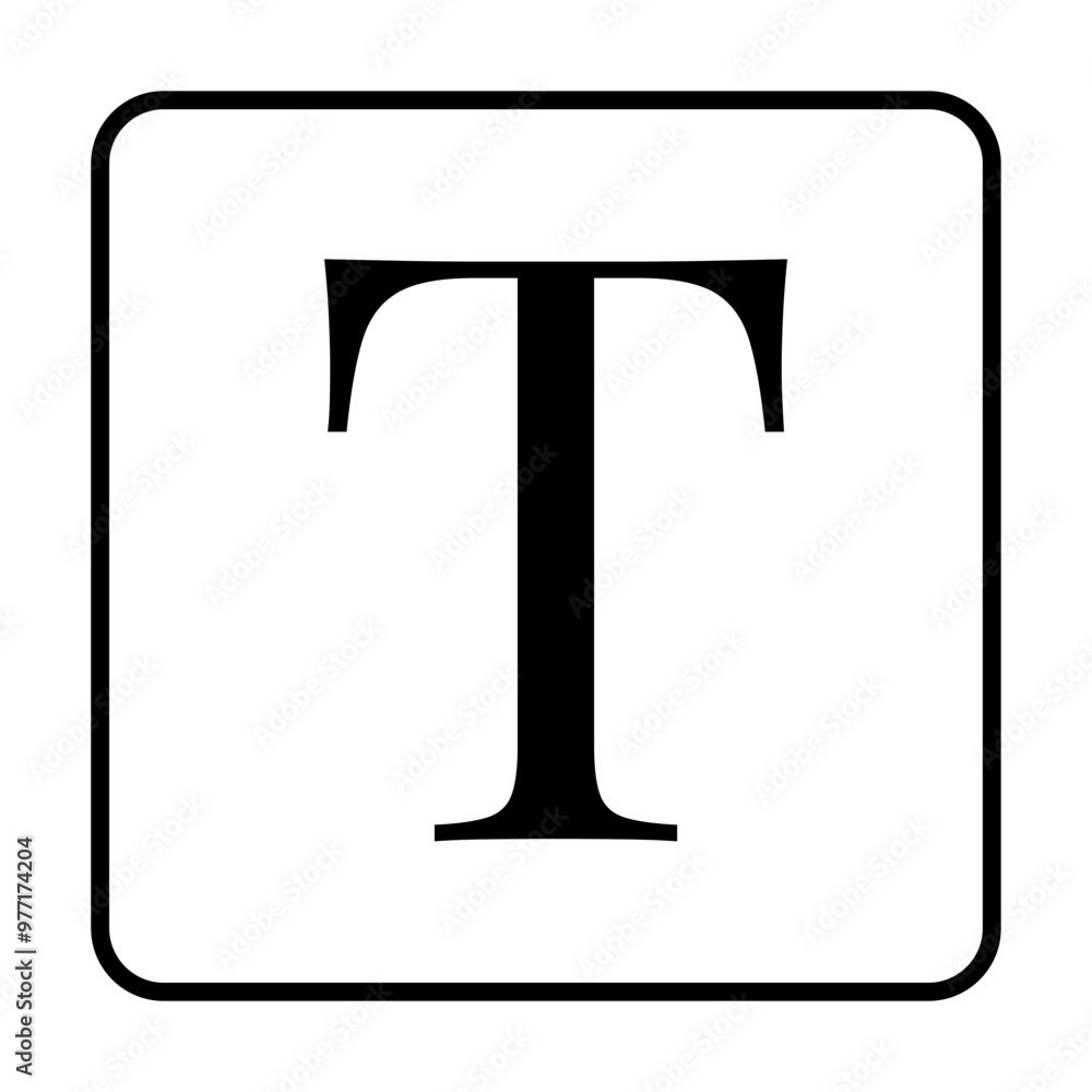 Bold black letter T centered in a white square with a black border. Ideal for typography, font design, educational materials, minimalist designs, and signage. Bold black letter T centered in a white square with a black border. Ideal for typography, font design, educational materials, minimalist designs, and signage.
