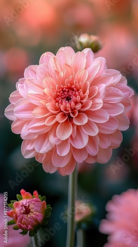 A beautiful close-up photograph of a fully bloomed soft pink dahlia flower gracefully standing in a garden, accompanied by budding dahlias in the background