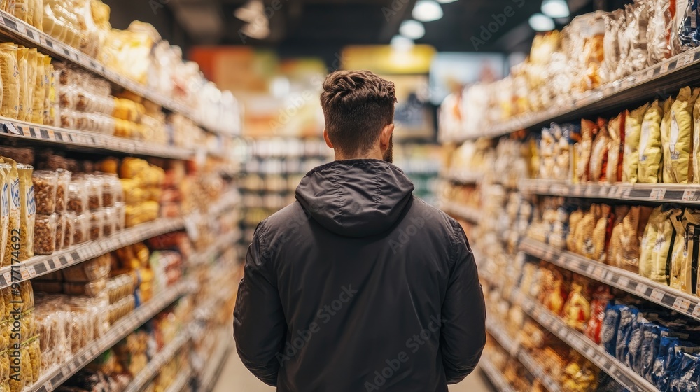 Back view of a salesperson checking goods in a bright supermarket Back view of a salesperson checking goods in a bright supermarket