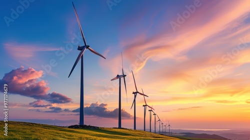 Illustrate a serene countryside scene with wind turbines gently turning under a colorful sunset, promoting sustainable energy solutions.