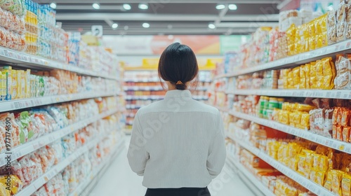 Back view of a salesperson checking goods in a bright supermarket  photo