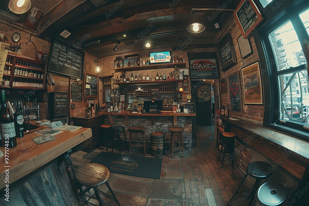 Charming rustic bar interior featuring wooden stools, a well-stocked bar, vintage decor, and cozy lighting creating a warm and inviting atmosphere Charming rustic bar interior featuring wooden stools, a well-stocked bar, vintage decor, and cozy lighting creating a warm and inviting atmosphere