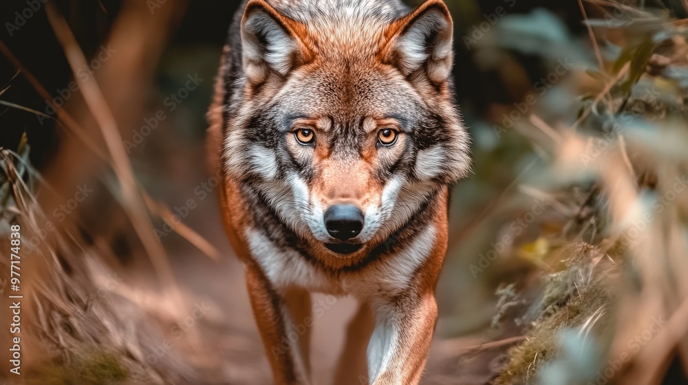 Fototapeta premium A wolf is staring at the camera with its mouth open. The image has a moody and mysterious feel to it, as the wolf is partially hidden by the grass and the camera is positioned to capture its face