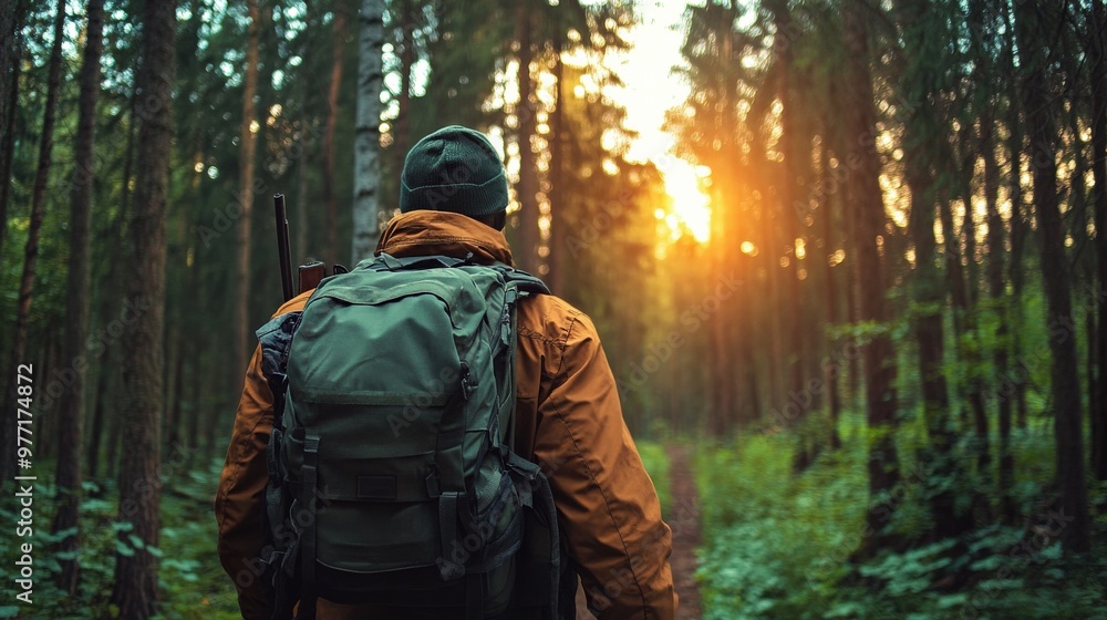 custom made wallpaper toronto digitalA man is walking through a forest with a backpack and a gun