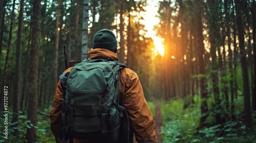 Wallpaper Mural A man is walking through a forest with a backpack and a gun Torontodigital.ca