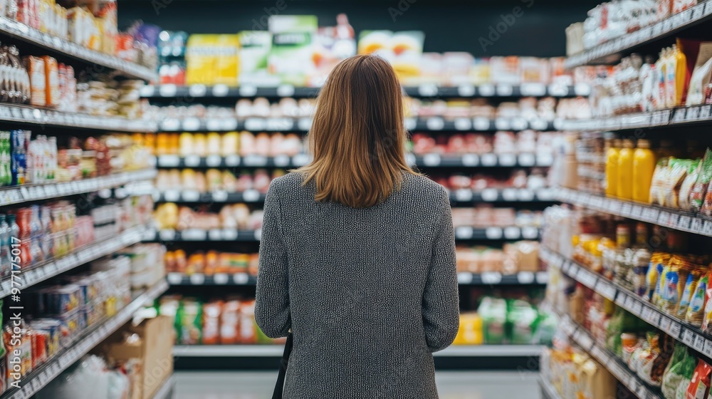 Back view of a salesperson checking goods in a bright supermarket Back view of a salesperson checking goods in a bright supermarket