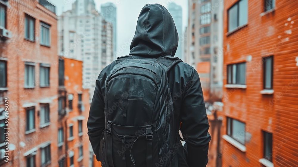 A man wearing a black jacket and a backpack is standing on a city street A man wearing a black jacket and a backpack is standing on a city street