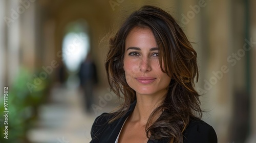 A confident woman standing in a corridor with blurred background creates a professional yet approachable atmosphere in an urban setting