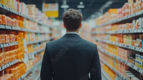 Back view of a salesperson checking goods in a bright supermarket  photo