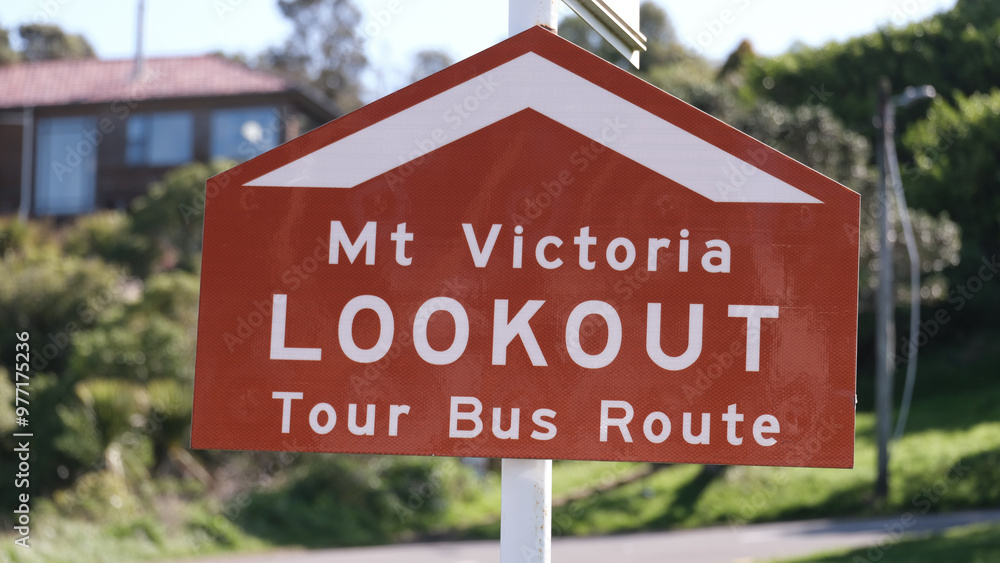 Sign for Mt Victoria Lookout Tour Bus Route in capital city of Wellington, New Zealand Aotearoa Sign for Mt Victoria Lookout Tour Bus Route in capital city of Wellington, New Zealand Aotearoa