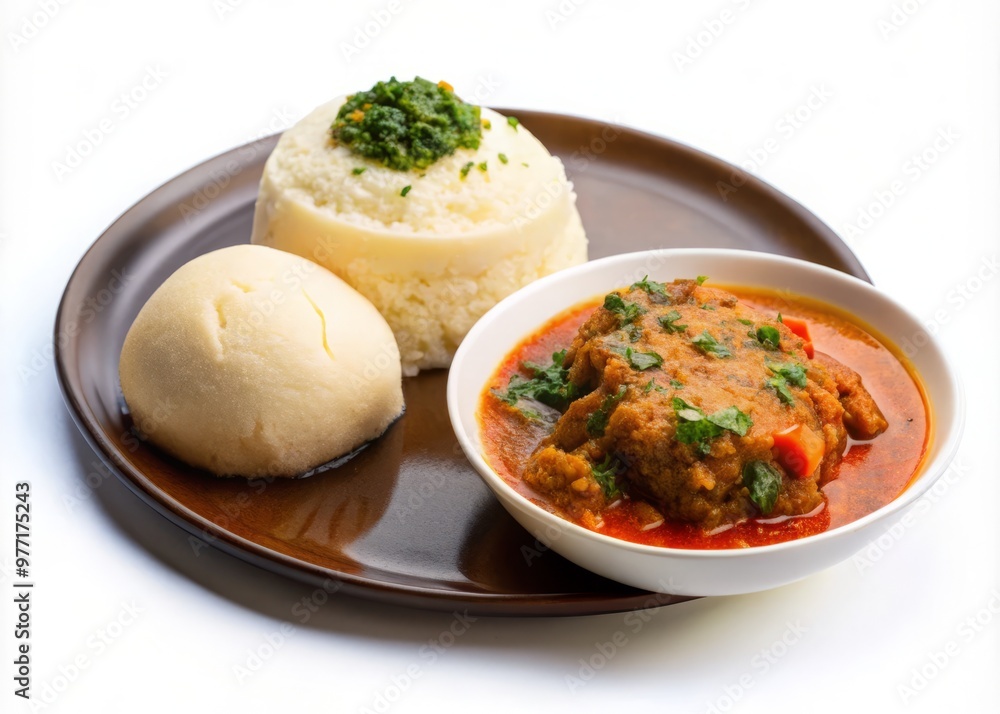 A portion of fufu served with a side of steaming hot egusi soup, isolated on white background A portion of fufu served with a side of steaming hot egusi soup, isolated on white background