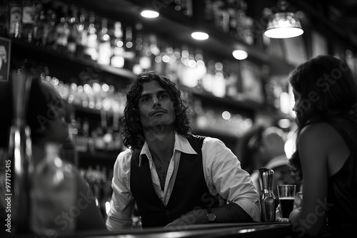 A contemplative man with long hair dressed in a vest and white shirt, sitting at a bar counter with shelves of bottles in the background, surrounded by other seated individuals