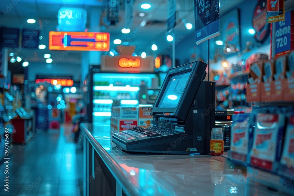 Fototapeta premium A brightly lit pharmacy with vibrant signage and an array of products, featuring a modern point-of-sale terminal at the counter