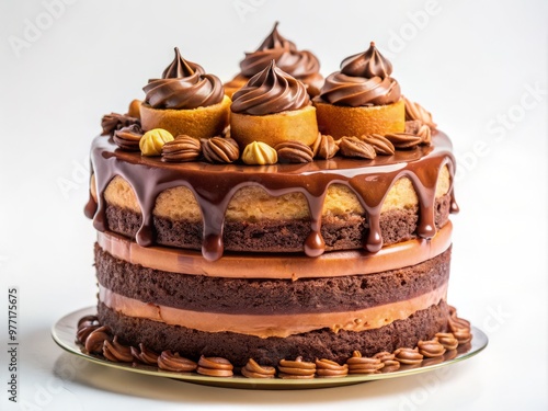 A decadent, multi-layered chocolate cake, filled with Daim bars, stands tall and proud against a pure white backdrop, radiating indulgence and temptation.