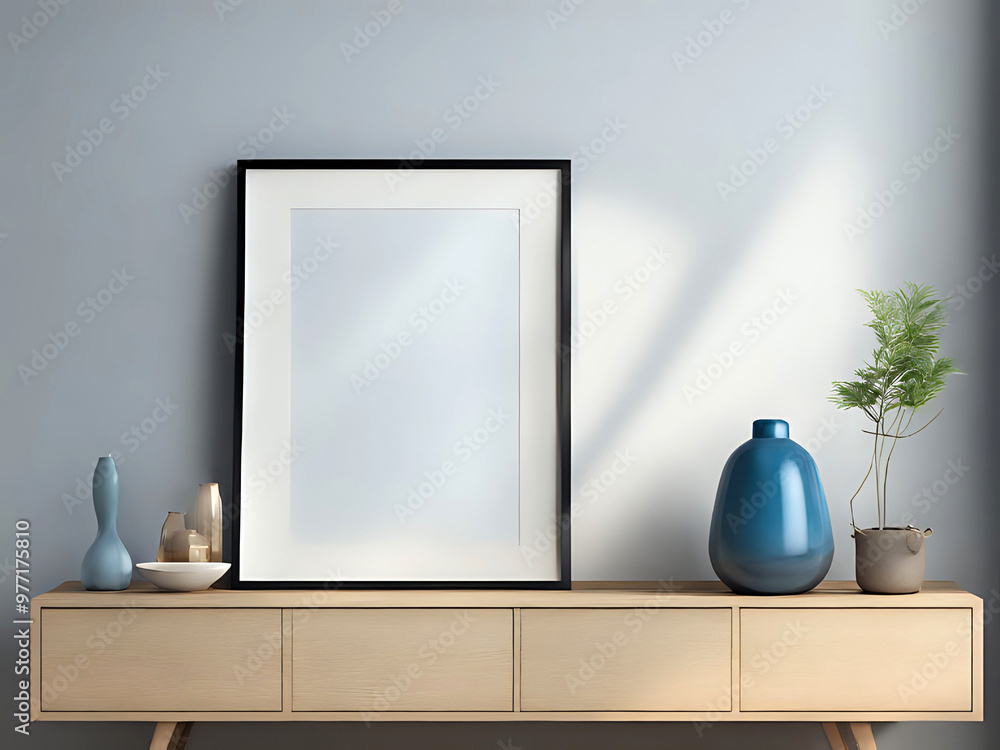 schwarzer Bilderrahmen auf einem Sideboard in der Sonne an die Wand gelehnt schwarzer Bilderrahmen auf einem Sideboard in der Sonne an die Wand gelehnt