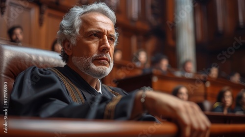 An authoritative judge with gray hair wearing judicial robes sits attentively in a wood-paneled courtroom during a serious legal proceeding