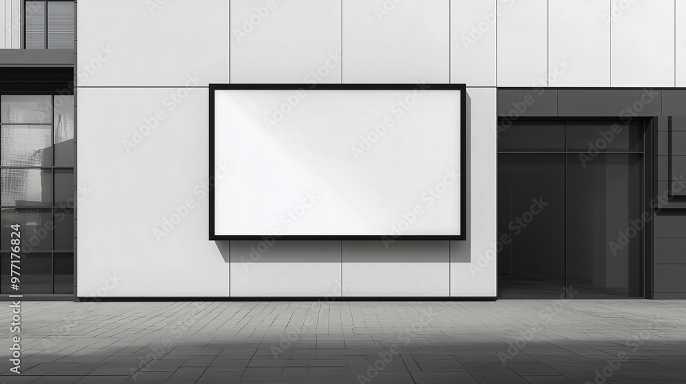 Mockup blank board modern placard rectangle advertising in wall building for information Mockup blank board modern placard rectangle advertising in wall building for information