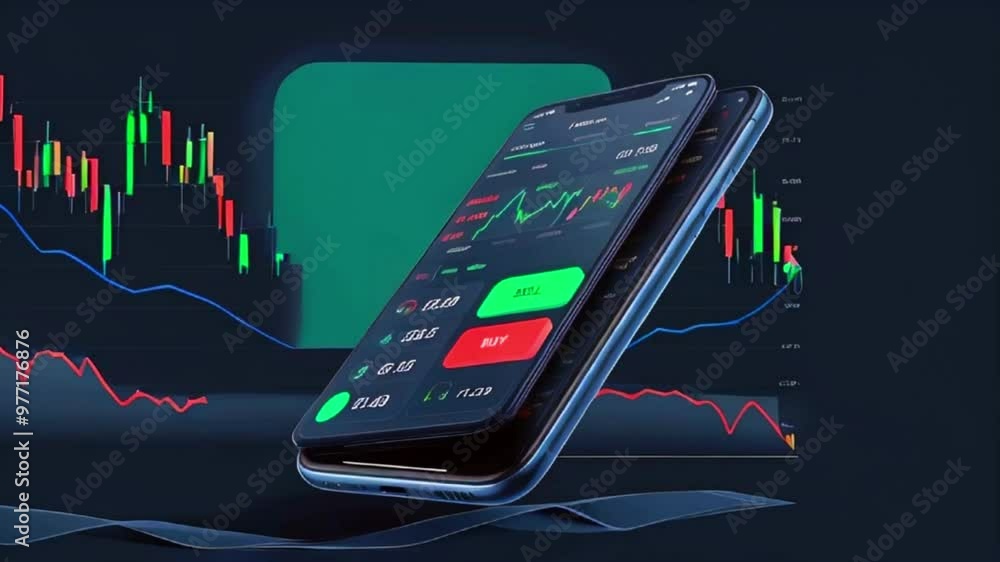 Two smartphones displaying stock market charts with buy and sell buttons, against a dark blue background with candlestick charts, one going up and one going down.