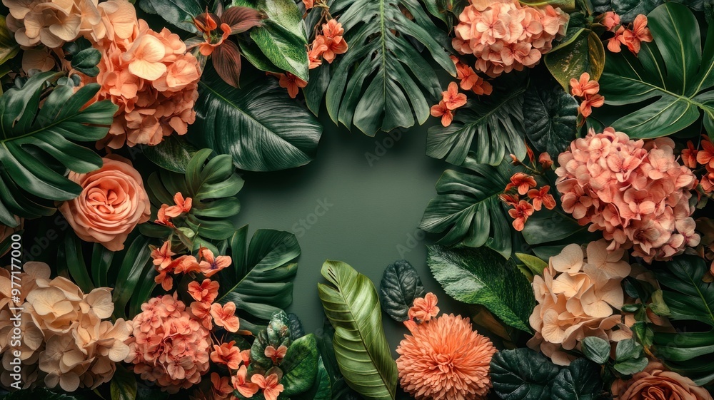 Modern Flat Lay Floral Backdrop with Central Text Space Modern Flat Lay Floral Backdrop with Central Text Space