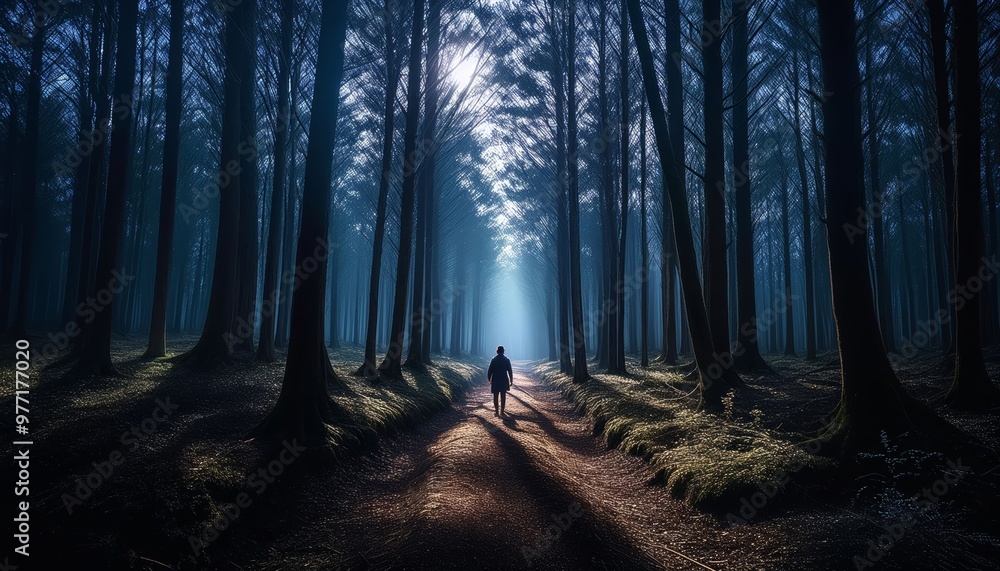 Fototapeta premium Lone Figure Walking Down Narrow Path in Dense Forest – Evoking Loneliness and Introspection