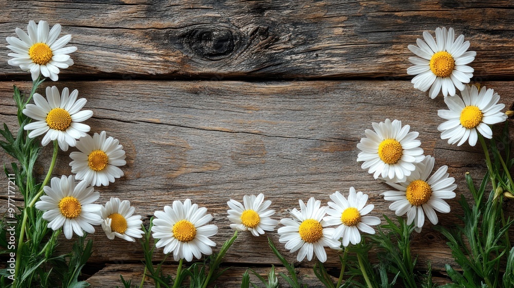 Obraz premium White Daisies on Rustic Wooden Background with Copy Space