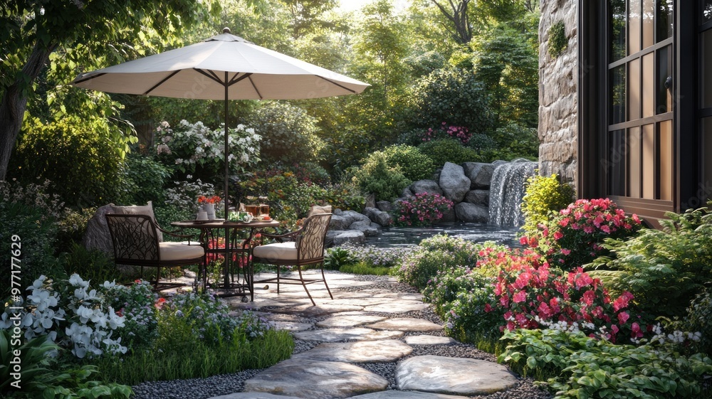 Elegant Garden Patio with Bistro Table and Coffee Setup Elegant Garden Patio with Bistro Table and Coffee Setup