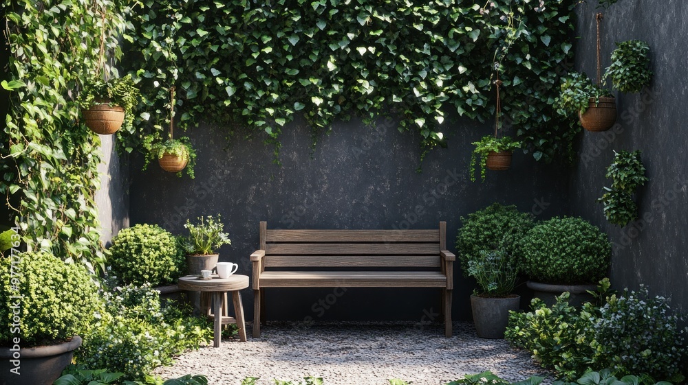 Charming Garden Corner with Rustic Bench and Hanging Planters Charming Garden Corner with Rustic Bench and Hanging Planters