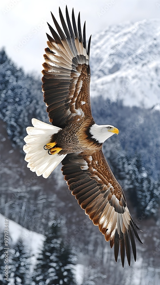 A majestic bald eagle soars through the air, its powerful wings outstretched against a snowy mountain backdrop. A majestic bald eagle soars through the air, its powerful wings outstretched against a snowy mountain backdrop.