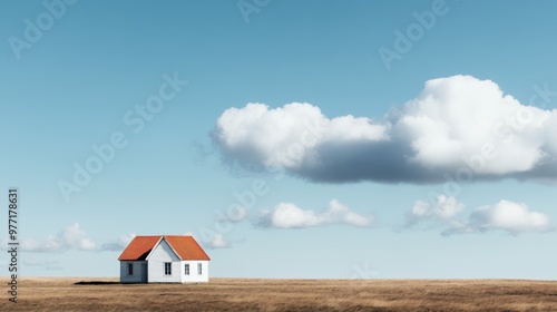 A white house with a striking red roof stands alone in a vast field under a sky dotted with fluffy white clouds, creating a contrast between human habitation and nature. photo