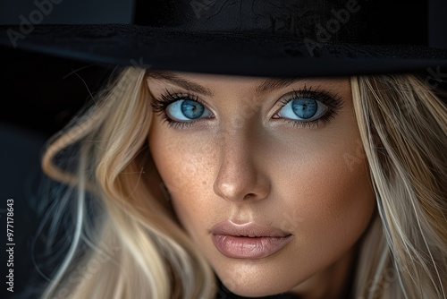 An intimate close-up portrait of a blonde woman with striking blue eyes and a black hat, showcasing her natural beauty and captivating gaze