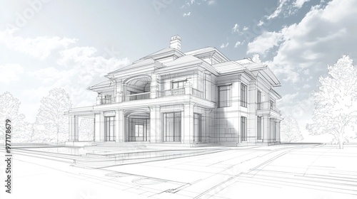 Stately Neoclassical Mansion with Ornate Architectural Details Surrounded by Lush Landscape