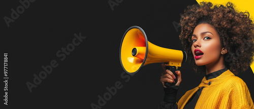 Hurry up. Stylish afroamerican woman screaming in loudspeaker on a black background, announces about final sales and discounts day, black friday, cyber monday. Copy space for banner. photo