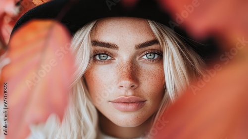 A refined portrait of a woman wearing a hat. The vibrant autumn leaves around her add color contrast. Her relaxed expression reflects peace and elegance. photo