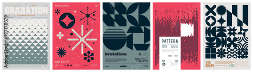 Set modernism art colorful trendy poster, artwork minimalistic and  brutalism style, abstract geometric A4 rave postmodern composition, vector simple shapes print graphic in Y2K aesthetics, set 13